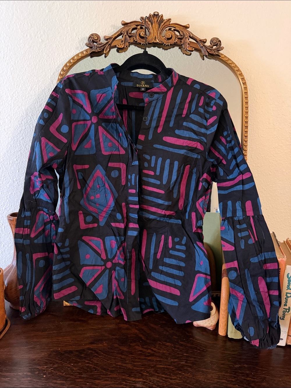 D’IYANU Nikenna Women's African Print Ankara Blouse (Black Teal Tribal)